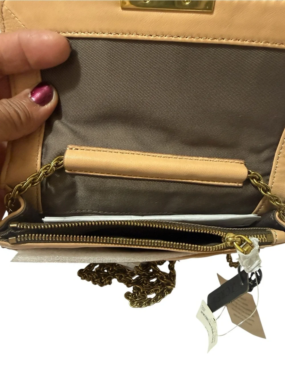 J.Crew Leather quilted crossbody  Shoulder Bag in Tan. Chain straps new + tag